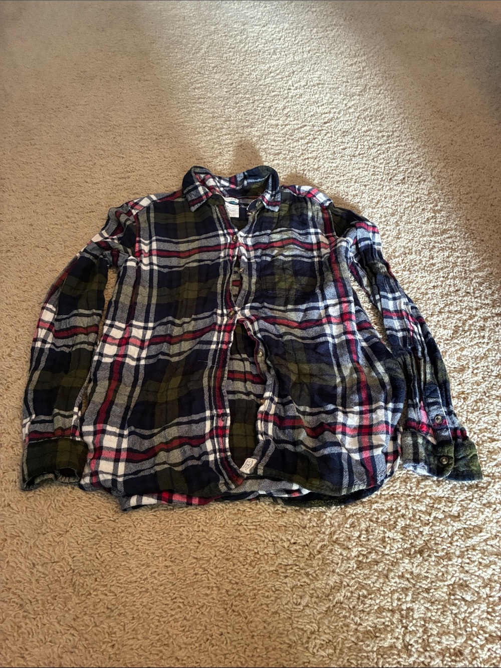 American Eagle Plaid Button-Down Shirt in Navy, Olive & White Boyfriend Fit